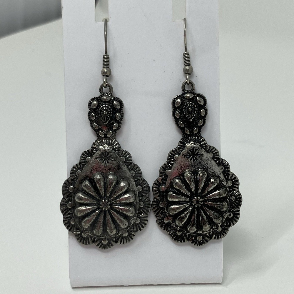 Western Silver Tone Concho Teardrop Dangle Earrings Southwestern Boho Stamp 2"